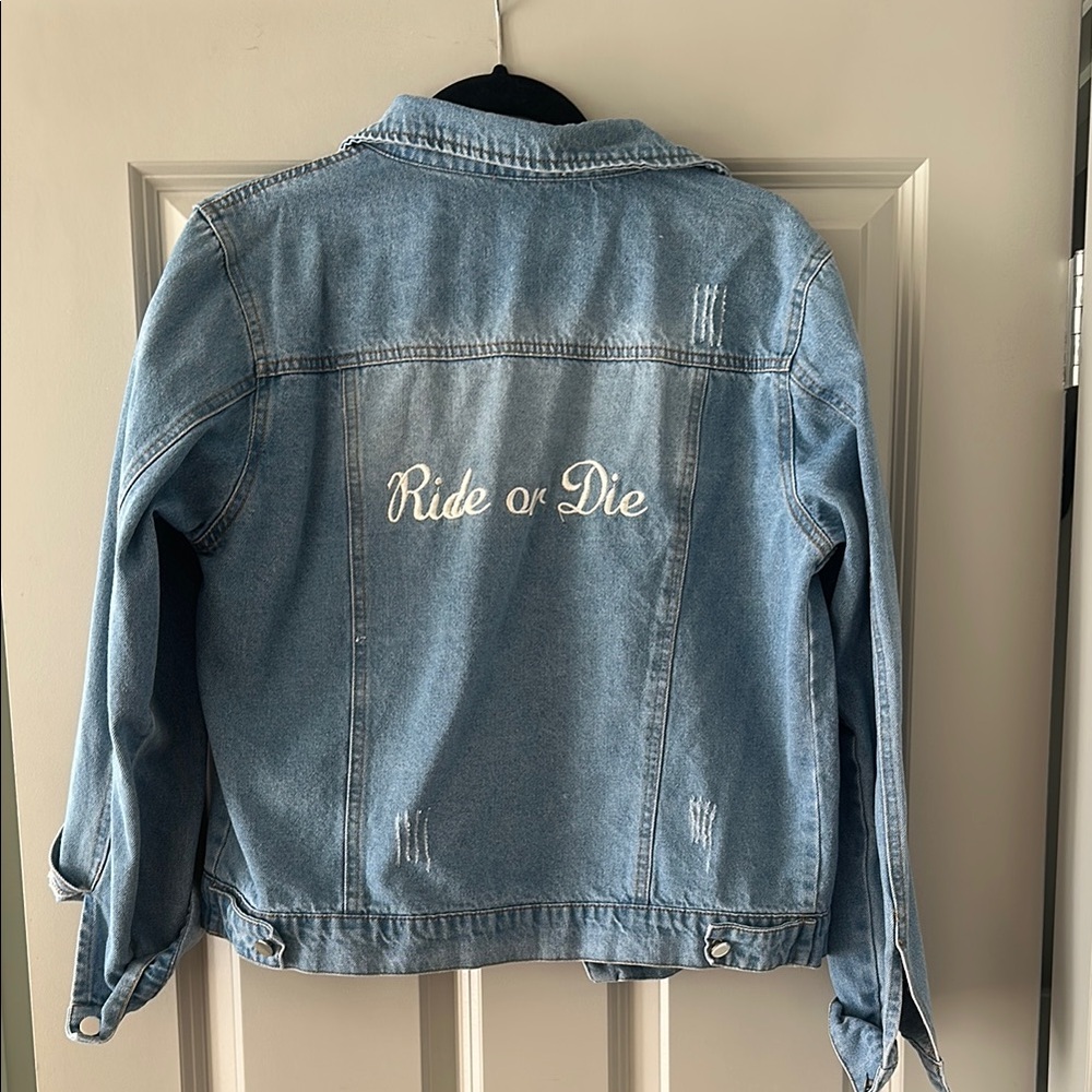 Blue Denim Jacket with 'Ride or Die' Embroidery